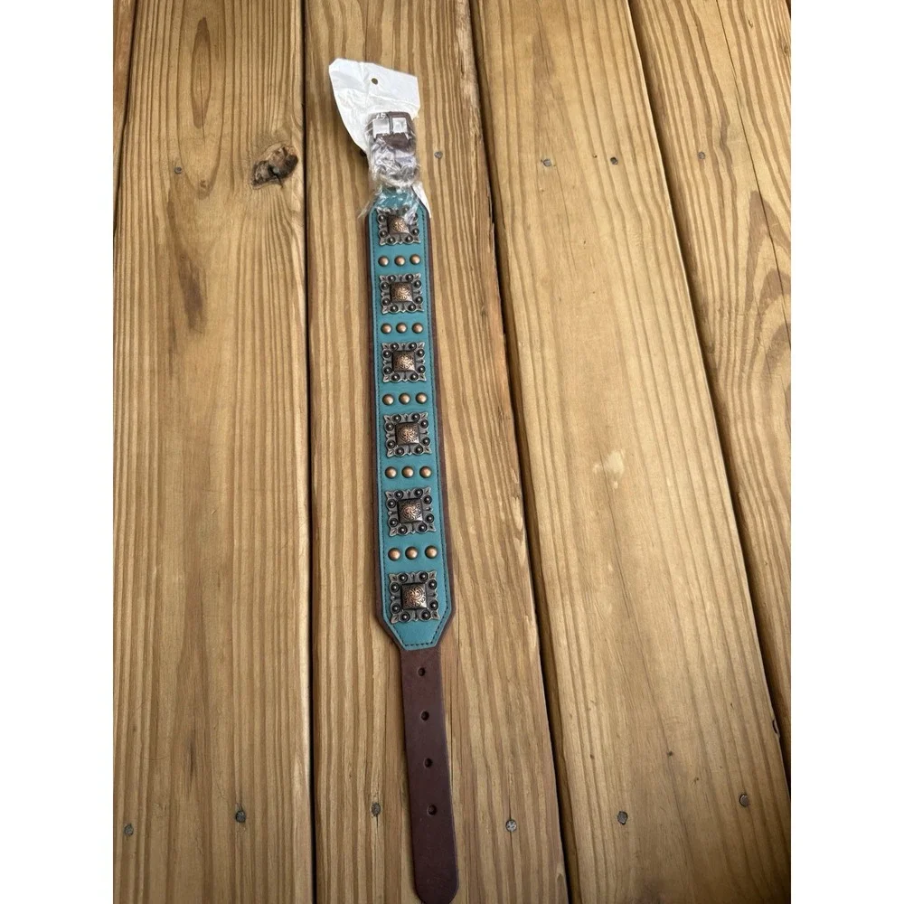 Brown Leather And Turquoise Studded Dog Collar Western Western 21.5